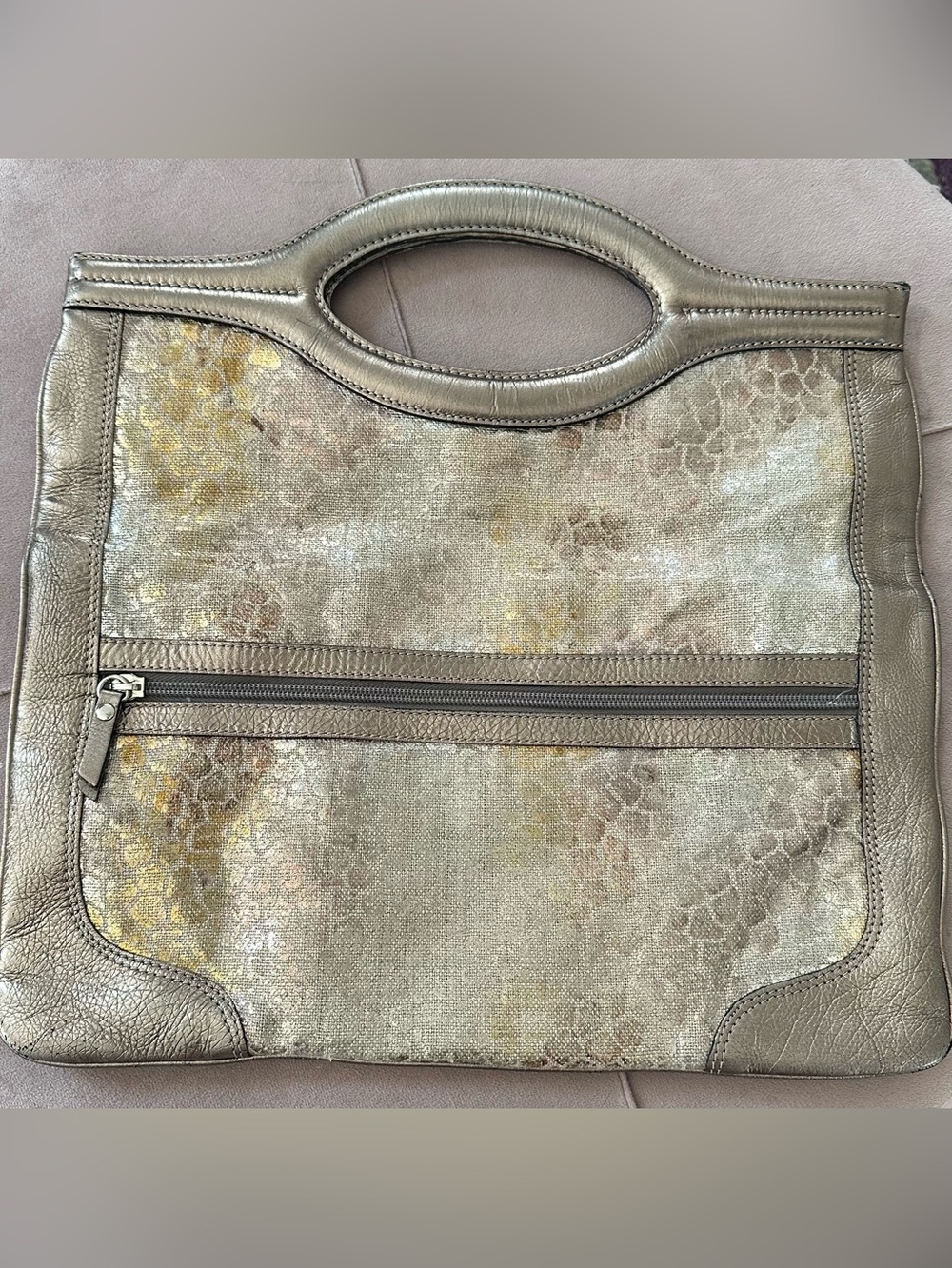 Donald J Pliner Italy Metallic Snakeskin Print Leather Cutout Tote Handbag